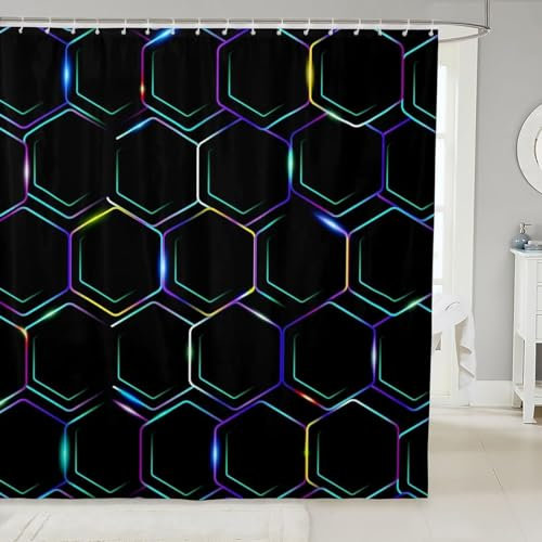Duschvorhang 120x200 cm Hexagon Shower Curtains Geometrisches Sechseck Duschvorhänge Anti Schimmel Textil Bad Vorhang aus Waschbar Polyester Stoff für Badewanne A-3770