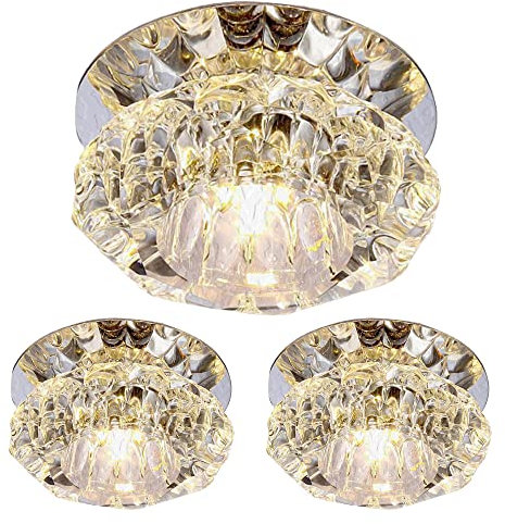 3 piezas de cristal LED Downlight 3 W/5 W redondo cristal Downlight, 4 pulgadas moderna lámpara de techo de cristal para pasillo, vestíbulo, cocina, entrada Tamaño de corte: 1.969-3.543 in (luz blanca