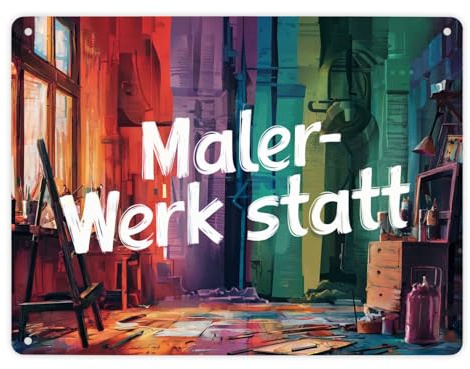Malerwerkstatt des Künstlers - Metallschild XL in 21x28 cm Lebhafte und bunte abstrakte Atelier voller Farben und lebendiger Pinselstriche
