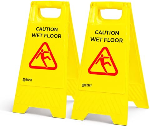 Berry Wet Floor Sign Yellow | Foldable Type A Slippery Floor Warning Sign | Free Standing Caution Wet Floor Sign for Shops, Hotels, Restaurants, Offices & Public Areas - Pack of 2