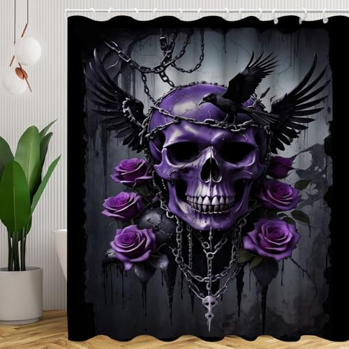 CHEFFS Rideau de douche - 180 x 200 cm - 180 x 180 cm - Motif tête de mort - Rose - Style gothique - En polyester - Motif squelette - Pour Halloween - 200 x 200 cm (l x H) - 2)