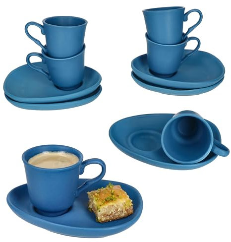 MamboCat Lot de 6 tasses à expresso moka avec soucoupes bleu mat I pour 6 personnes I Service en porcelaine pour petit-déjeuner et café I 6 petites tasses et soucoupes