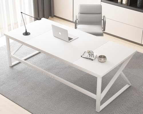 HSH 180 cm Moderner Schreibtisch Weiß, Bürotisch für 2 Personen HomeOffice | Hochwertige Holz Metall Kombination mit Trittstufe Als Büromöbel mit Schreibtisch 180x80cm Nutzbar im Arbeitszimmer