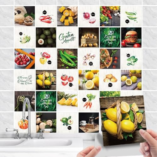 36 Stück Fliesenaufkleber Küche Selbstklebende - Küchenrückwand Fliesenfolie PVC mit Obst Zitrone Gemüse - Wasserdicht Ölfest Fliesensticker für Wand-fliesen Schrank Dekorative(Gemüse, 10x10cm)