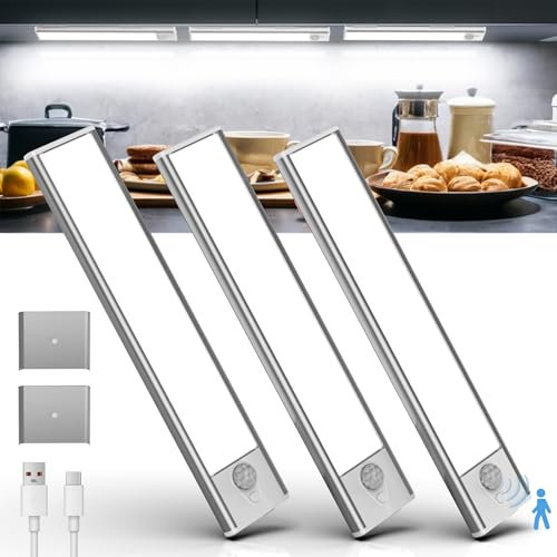 Schrankbeleuchtung LED mit Bewegungsmelder Schranklicht Schrankleuchte Led Leiste Batterie USB Wiederaufladbar Unterbauleuchte Küche für Kleiderschrank, Treppe, Kofferraum, Weinschrank (3 Stück)