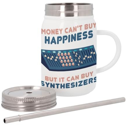 Insulated Stainless Steel Mug with Lid and Straw - Synthesizer - Money Can't Buy Happiness - 500ml - Thermo Mug