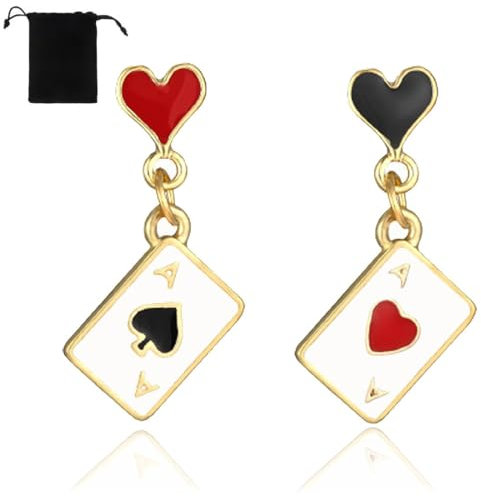 PNPGDYKR Lustige Poker-Ohrringe für Damen, 18 Karat vergoldete hypoallergene Poker-Herzen und Pik-Ass-Spielkarten baumeln Tropfen-Ohrstecker für Frauen-Mädchen