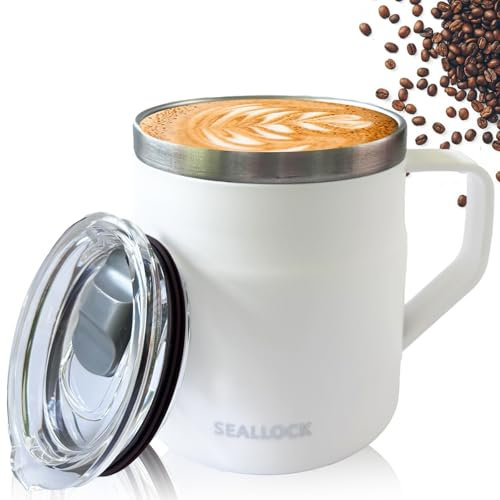 Luoqun88 Coffee Cup, Insulated Stainless Steel Travel Cup, Travel Mug with Lid & Handle, Chillys Mug- Keeps Cold/Hot for Hours, Reusable Coffee Cup Ideal Present for His Her (White, 450ml)