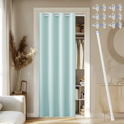 JCyh Tür Vorhang innen mit Stange und Magnetknopf, Türvorhang ohne Bohren für Küche/Schlafzimmer/Wohnzimmer/Abstellraum, Türvorhang Himmelblau + Teleskopstange Weiß 70-125 cm