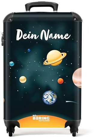 NoBoringSuitcases.com® Kinderkoffer Jungen Personalisiert - Koffer Kinder - Hartschalenkoffer Planetensystem - Koffer Dunkelblau - Trolley Kinder Jungs - 55x40x20 - Handgepäck - Rollkoffer