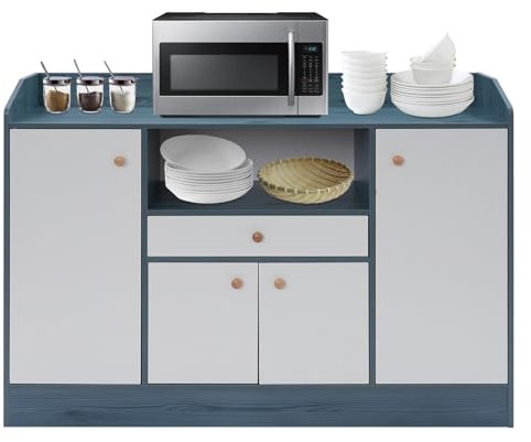 JDBDU Küchenschrank Holz, Küchenschrank mit Arbeitsplatte 5 Schränken Kitchen Cabinet, 110 x 30 x 80cm Buffetschrank Esszimmerschrank mit Schubladen für Arbeitszimmer, Wohnzimmer, Esszimmer (Blau)