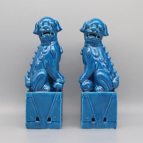 Eastern tide Chinesischer Foo Hund Statuen Keramik Wächterlöwen Traditionelle Tempelfiguren 2er Set (Pfauenblau)