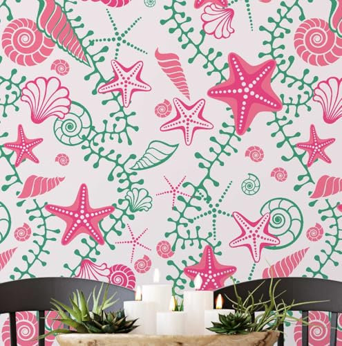 S4Sassy Revestimiento de pared autoadhesivo, con divertidas estrellas de mar y conchas, removible. Mural texturizado rosa para renovar paredes de baño, lavadero y armario63 x 91 cm.