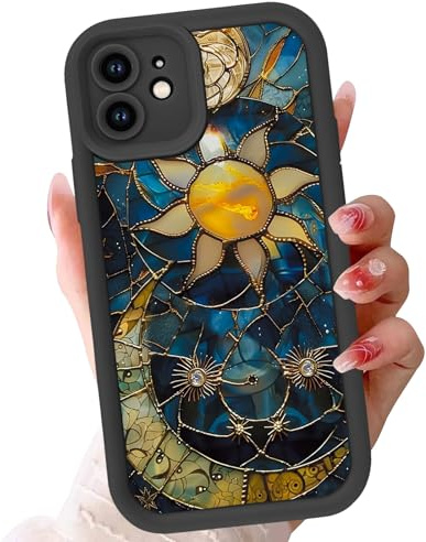Phoona Case for iPhone 11 6.1, Cute Aesthetic Design Moon Stars Preppy Pattern, Silicone Soft TPU Shockproof Protective Camera Cover Phone Case for Girls Women, Sun Celestial Glass
