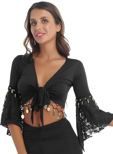 Yihuimin Damen Bauchtanz Top Langarm Crop Top Orientalischer Tanz Fransen Oberteil Glitzer Bauchtanz Kostüm Bühnenperformance