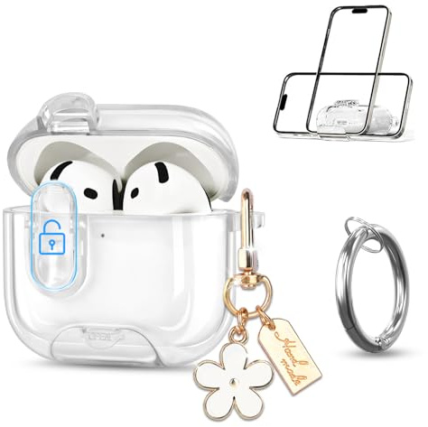 Newseego für Airpods 4 Hülle, Transparent Case mit Schloss und Handy Stand TPU Durchsichtig Schutzhülle mit Karabiner und Süßem Blume Anhänger Stoßfest Kompatibel mit AirPods 4. Generation Transparent