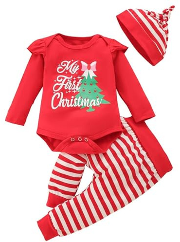 Momkonzz Baby Mädchen My 1st Christmas Outfits Junge Weihnachtsoutfit Strampler Langarm Brief Print + Gestreift Hose + Stirnband 0-18M (Rot 0-3M)