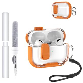 Protective Case for Apple AirPods Pro 3 Earbuds,toergy Soft TPU+PC Clear Cover,with Bracket Function,Waterproof,Shockproof,Anti Scratch,with Lanyard & Keychain & Cleaner kit,Orange