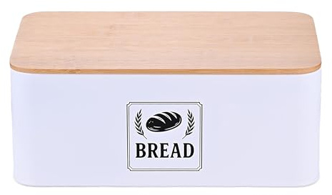 Panera Relaxdays, Tapa de bambú, Metal, 13,5 x 33 x 19 cm, Caja Retro para Pan, Recipiente Blanco.