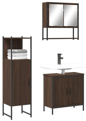Zeehear 3-TLG. Badmöbel-Set Braun Eichen-Optik, Holzwerkstoff, 60x16x60 cm Spiegelschrank, Waschbeckenunterschrank, Badezimmerschrank, geräumiger Stauraum für Badezimmer