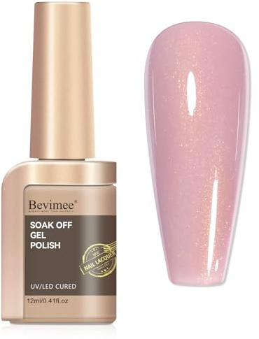 Bevimee Pink Gel Nail Polish with Subtle Gold Shimmer Long Lasting UV Gel | UV Cured, Home DIY Nail Art, Salon Manicure, Soft Pink Gels Polish, 12ml