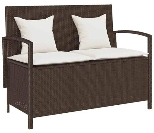Mhdvray Gartenbank mit Stauraum 111 x 56 cm braunes Poly Rattan Outdoor Sofa Eckbank platzsparende Balkonbank wetterfest mit cremeweißen Sitzkissen für Terrasse Balkon & Wintergarten
