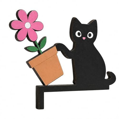 JOVYTH Türrahmen Deko Katze Schwarz, Holz Türschmuck Katze mit Blume Wanddeko für Zimmertür Ecke, Kreative Wohndeko Wandkunst für Schlafzimmer Badezimmer Büro, Originelle Türecke Dekoration Geschenk