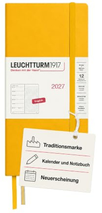 LEUCHTTURM1917 Wochenkalender 2027 Dotted Wallet (B6+ x A6) mit Notizbuch - Terminplaner Englisch, Sunflower, Hardcover, 125 x 190 mm + 90 x 150 mm, Januar-Dezember, Wochenübersicht + Notizseite