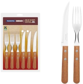 Tramontina Dynamic Steakbesteck, 12-TLG, rostfreier Edelstahl, ergonomischer Naturholzgriff, lang anhaltende Schnitthaltigkeit, sehr scharf, für 6 Personen