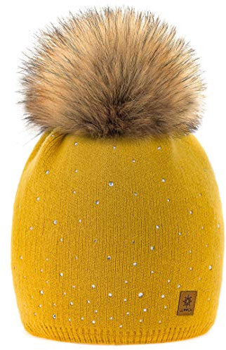 MFAZ Morefaz Ltd Damen-Wintermütze mit Schal und Mütze, gestrickt, Bommel Gr. Erwachsene, Senf Verona