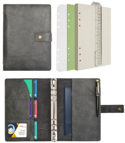 Wonderpool Leder Nachfüllbares Notizbuch Ringbuch A5 Tagebuch - Gepunktetes Papier & Echtleder Innentaschen für Reisearbeit und Organizer (Grau, A5)