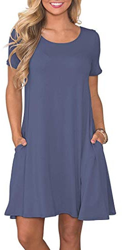 AUSELILY Femmes Robes D'été à Manches Courtes Décontracté T-Shirt Robe Ample Courte Robe avec Poches Gris Violet S