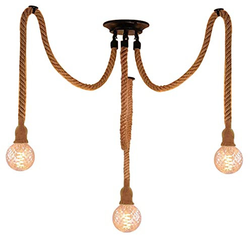 Hotloop Hanfseil Retro-Industrie Pendelleuchte Handgefertigten Lampenkabel mit 3 Lichter, E27 Deckenlampe Holz Aufhängung Vintage Deckenleuchte Landhausstil für Edison-Leuchte Restaurant Esstisch
