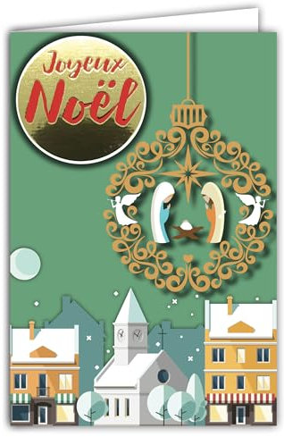 Afie 61-6048 Weihnachtskarte mit Umschlag und Collage EN RELIEF Krippe in einer Kugel, goldfarben, glänzend, funkelnd, Jesus Maria Joseph Engel, Stern, Schäferhund, Kirche, Stadt, Messe Wecker