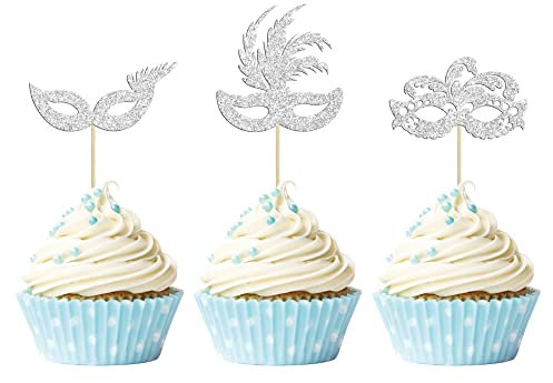 Gyufise 24Pcs Masquerade Masks Cupcake Toppers Silver Glitter Bachelorette Mask Cupcake Topper Mask Cake Picks Decorations for Masquerade Mardi Gras Party Baby Shower Birthday Party Supplies
