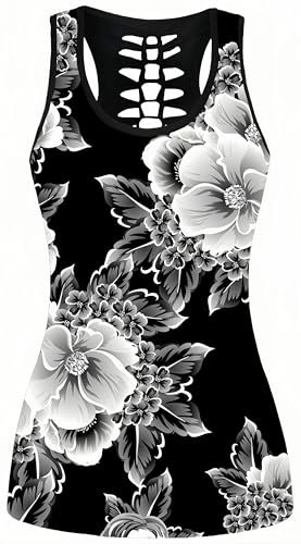 Ocean Plus Femme Crâne Sport Débardeurs Gothique Cache-cœur Gilet d'entraînement sans Manches Chemise Criss Cross Noir T-Shirt Halloween (S (Brustumfang: 80 cm), Fleurs Blanches)