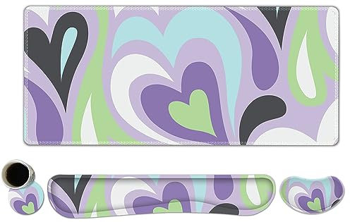 ToLuLu Extended Gaming Mouse Pad, Memory Foam Ergonomic Keyboard Mouse Wrist Rest Support Set, Large Desk Mat with Stitched Edges, Non-Slip Base Mousepad for Home Office Game Study, Purple Hearts