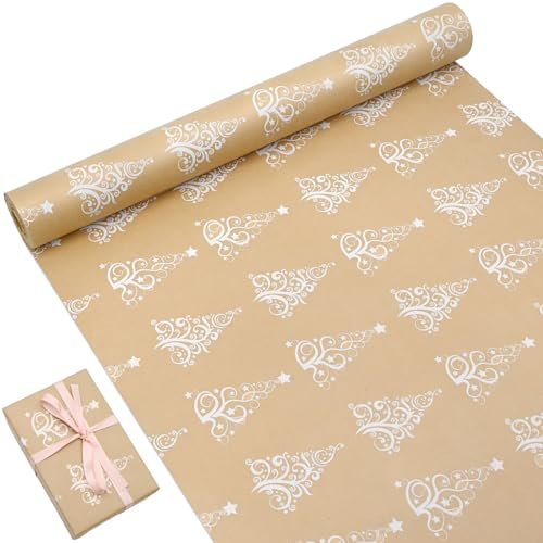 OTMVicor Rouleau de papier d'emballage cadeau de Noël de 15 m, papier kraft imprimé avec arbre et étoile de papier d'emballage recyclable pour cadeau de fête de Noël