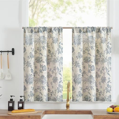 TOPICK Leinen Scheibengardinen 2er Set H60xB65(cm) Blumen Küchenvorhänge Kurz Bedrucktem landhausstil Bistrogardine Halbtransparent Gardinen Fenster Vorhänge für Wohnzimmer Blau auf Beige