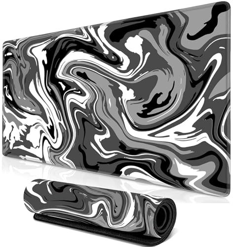 XXL Gaming Mauspad, Fluid Art Mauspad 900 x 400 mm groß Vernähte Kanten WassXerdicht, rutschfeste Gummi Schreibtischmatte für PC MacBook Laptop Verbessert Präzision und Geschwindigkei (Schwarz)