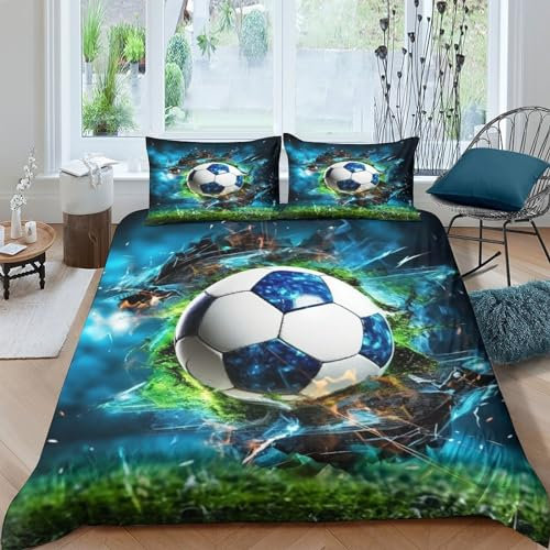 BEDPOCHY Fußball Bettbezug Set 3-teilig Mit Reißverschluss Sport Bettwäsche Set 3D Druck Für Teenager Jungen Mädchen Microfaser Bettbezug Und Kissenbezug Double(200x200cm)