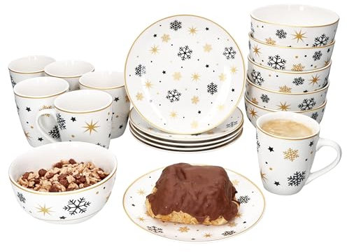 MamboCat Stars schwarz & gold 18tlg Frühstücksset I Je 6x kleine Frühstücksteller, Müslischale & Kaffeebecher für 6 Personen mit Sternen & Schneeflocken I Weihnachten
