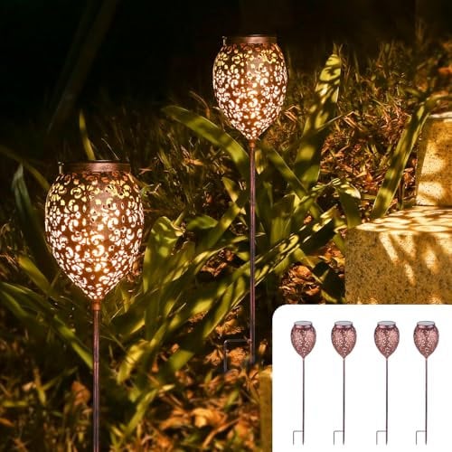 JOYCREATOR Metall Solarlampen für Außen Garten 4 Stück, Solarleuchten für Außen IP65 Wasserdicht, Vintage Gartenleuchten Solar Höhenverstellbar mit Erdspieß für Balkon Terrasse Weg Hof Rasen (Kupfer)