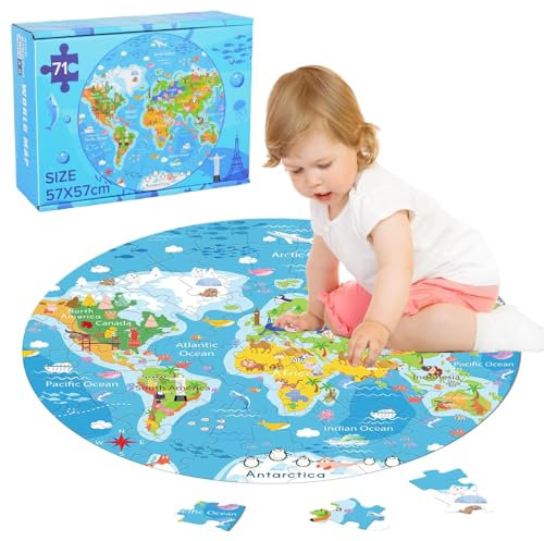 71 Pcs World Map Jigsaw Puzzle for Kids 3-8,Globe Round Floor Puzzles Geography Toy,Learning Resource Educational Game Toys Birthday Gifts for Child Boys Girls 3 4 5 6 7 8 Years Old