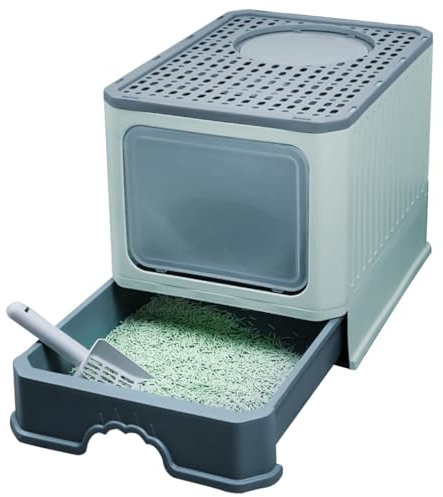 Vaschetta per lettiera per gatti, a doppio canale, design chiuso, con cassetto, pala, anti-impronte, antiperdite, 50 x 37 x 38 cm (verde)