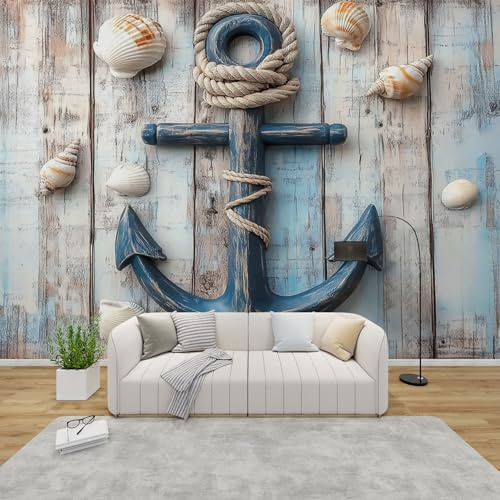 PaxGloz Fototapete Ankermotiv Vintage Holzoptik Tapete Maritim Blau Rustikal Tapeten Vliestapete Modern Wandtapete Wohnzimmer Schlafzimmer Kinderzimmer Wanddeko Motivtapeten 300 x 210 cm (B x H)