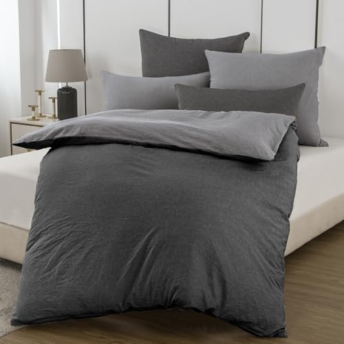 Nesture Bettwäsche 135x200 Baumwolle 3teilig Anthrazit/Grau - Bettwäsche-Sets Weich & bügelfrei, 100% Gewaschene Baumwoll, Enthält 1 Bettbezug 135 x 200cm + 1 Kissenbezug 80x80+ 1 Kissenbezug 40x80