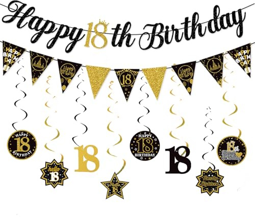 Happy 18th Birthday Banners, Black Gold Gllitter Paper Birthday BuntingSet With Hanging Swirls, 18 Party Photo Backgroud Supplies Decoration for Boys Girls