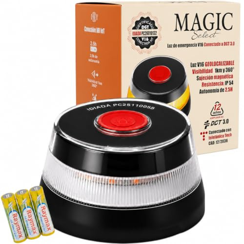 MAGIC SELECT V16 nödlampa | Geolokalisering, vägvarning, bil och motorcykel, orange 360 graders blinkljus, magnetisk bas, 3 AA-batterier ingår
