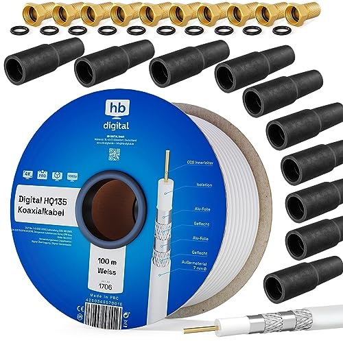 cavo coassiale da 130dB HB DIGITAL, cavo satellitare con connettori F dorati e beccucci di protezione, cavo coassiale per ricezione satellitare, schermatura 130 dB, ricezione ottima per HDTV, 3d, Full HD, Ultra HD, HD 4 K2 K, UHDTV